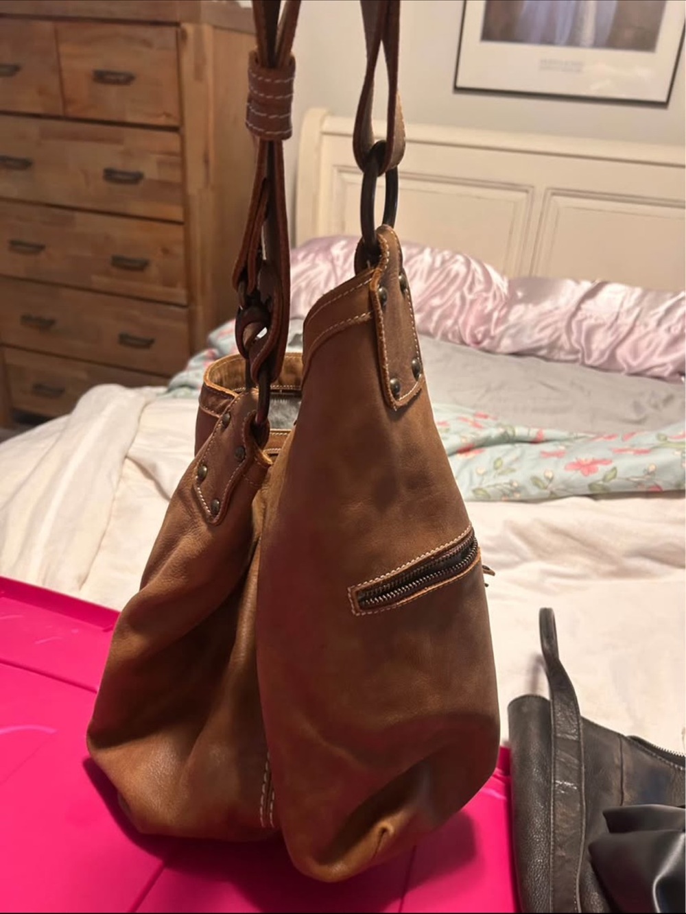 Roots Tan Leather Shoulder Bag with Stud Accents